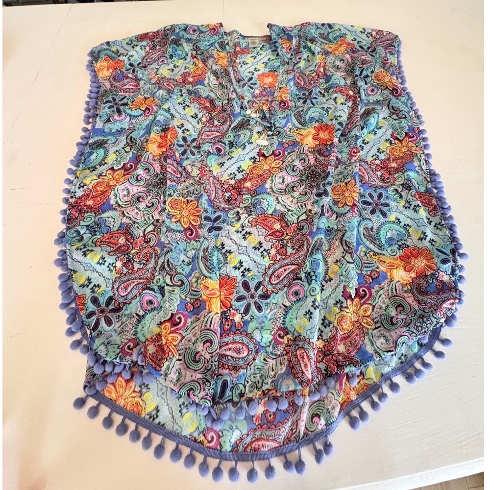 Bleu Rod Beattie Womens Small Paisley Pom Pom Trim Swim Cover Up Poncho Blue